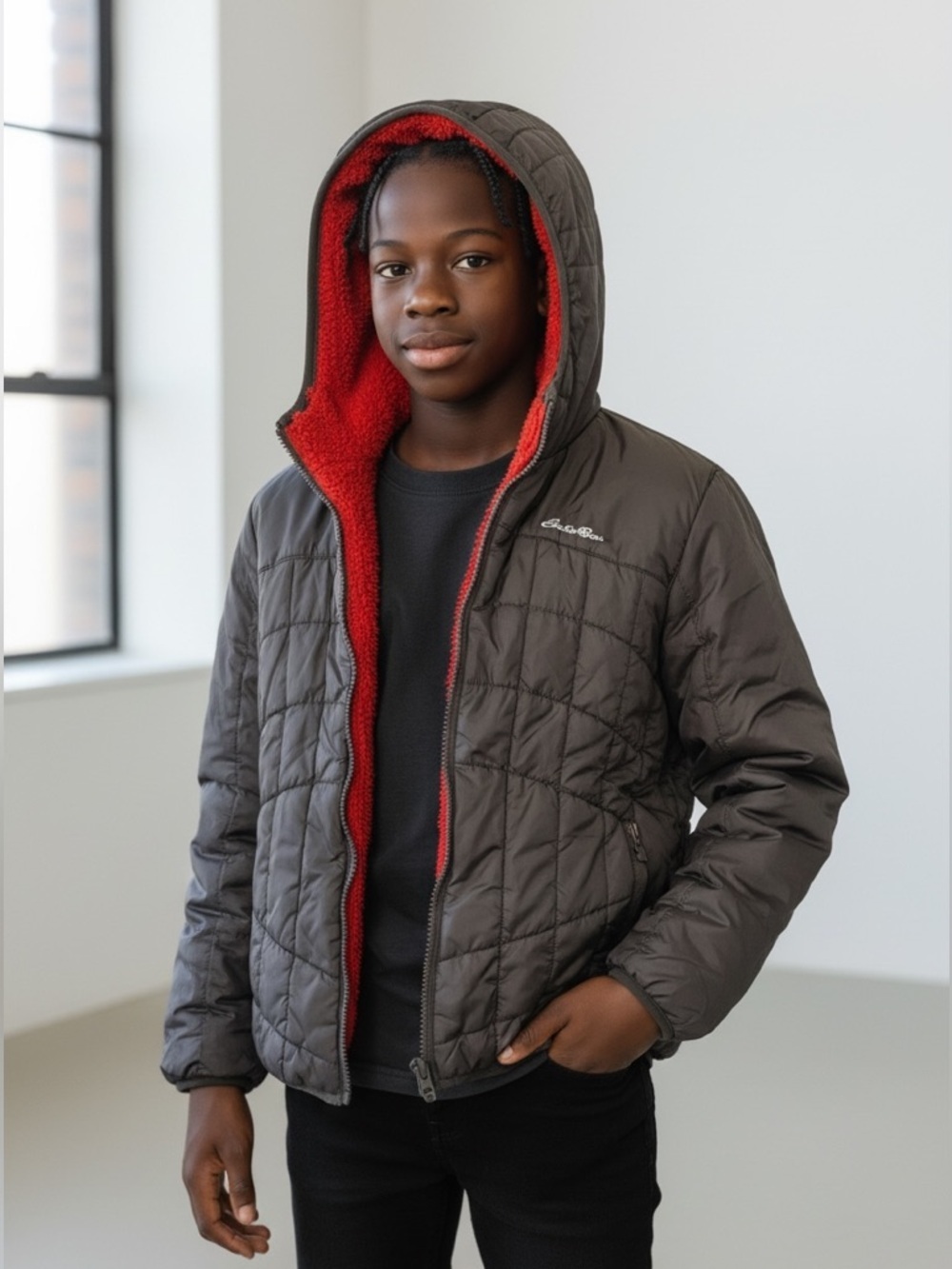 Eddie Bauer Reversible Jacket Kids S 7/8 Gray Puffer Orange Sherpa Hooded Coat - Picture 12 of 12